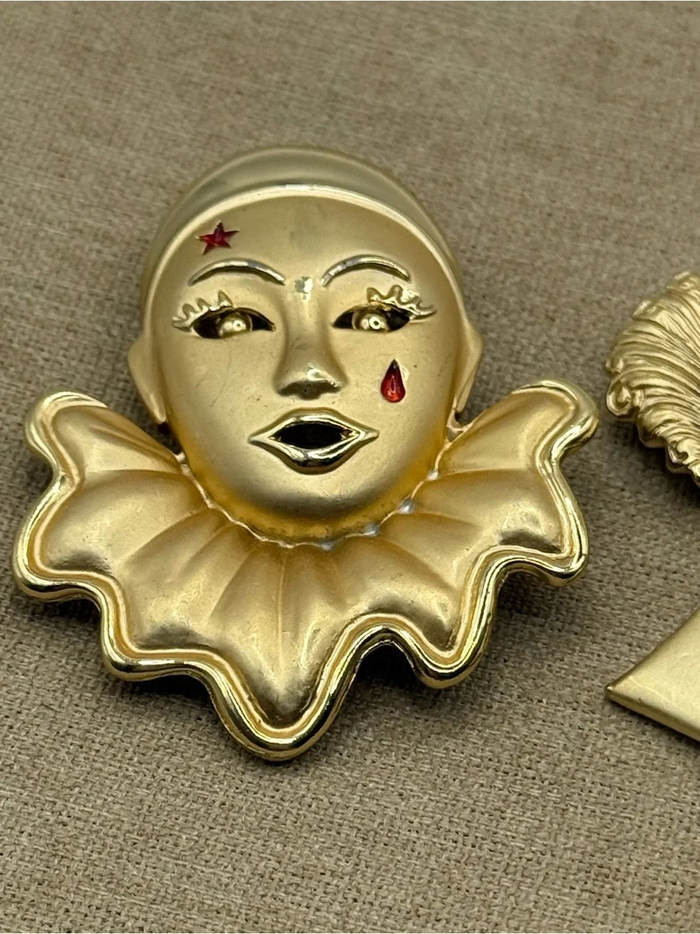 Set of two Gold Clown Face Pin Brooches - Pair